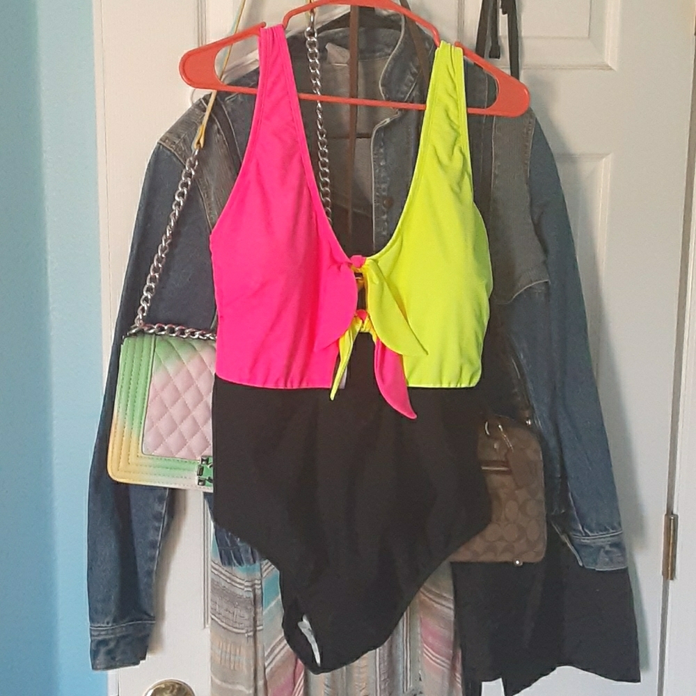 No Boundaries Neon Pink & Neon yellow One-Piece Swimsuit with cutout